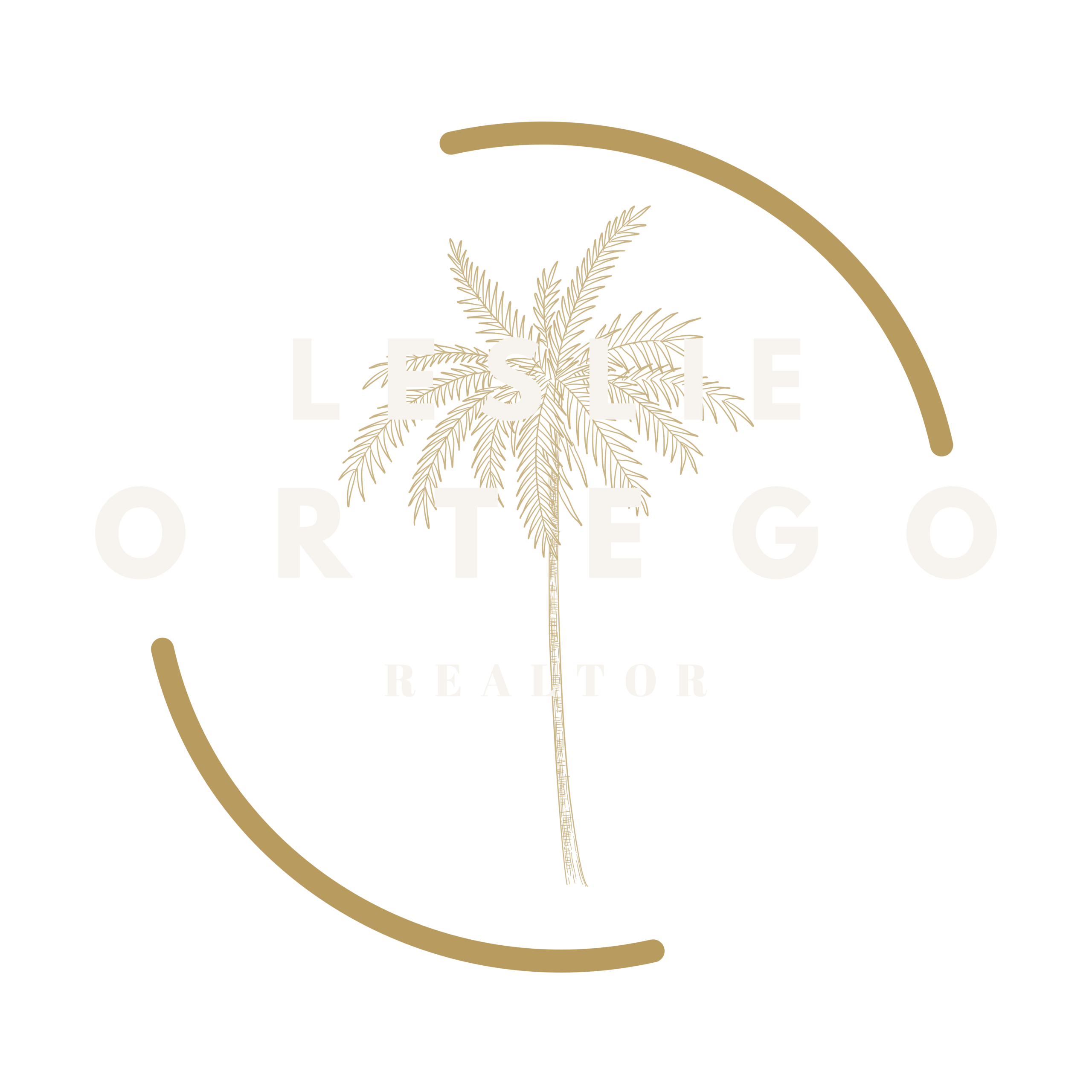 Minimalist logo with palm tree and text 'Leslie Ortego Realtor'.