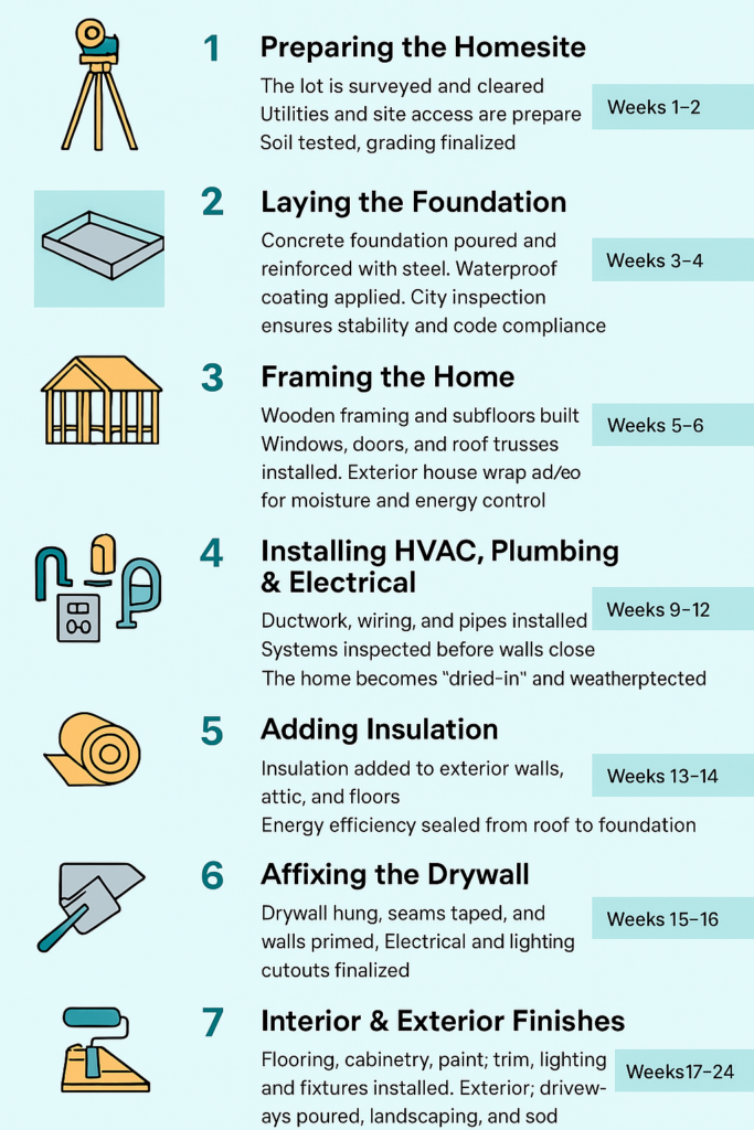Step-by-step home building process from foundation to drywall.