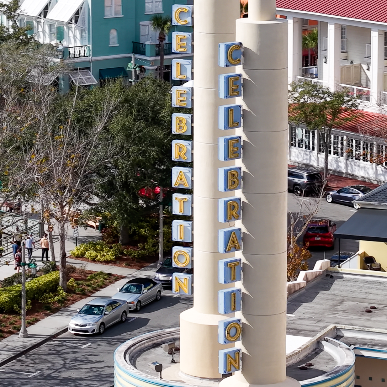 Celebration sign in Celebration Town Square.