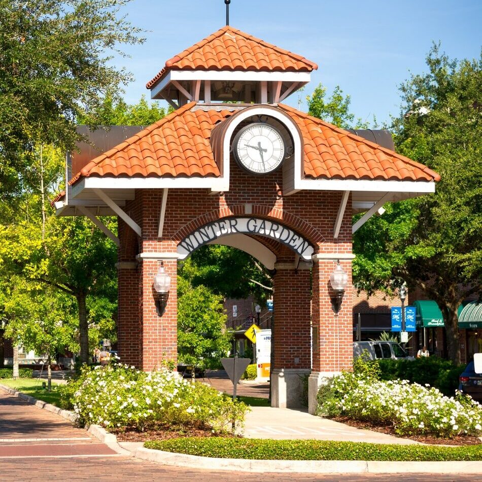 Downtown Winter Garden with brick streets and storefronts.